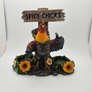 Spicy Chicks Rooster Salt & Pepper Shaker Holder Farmhouse Kitchen Decor Resin